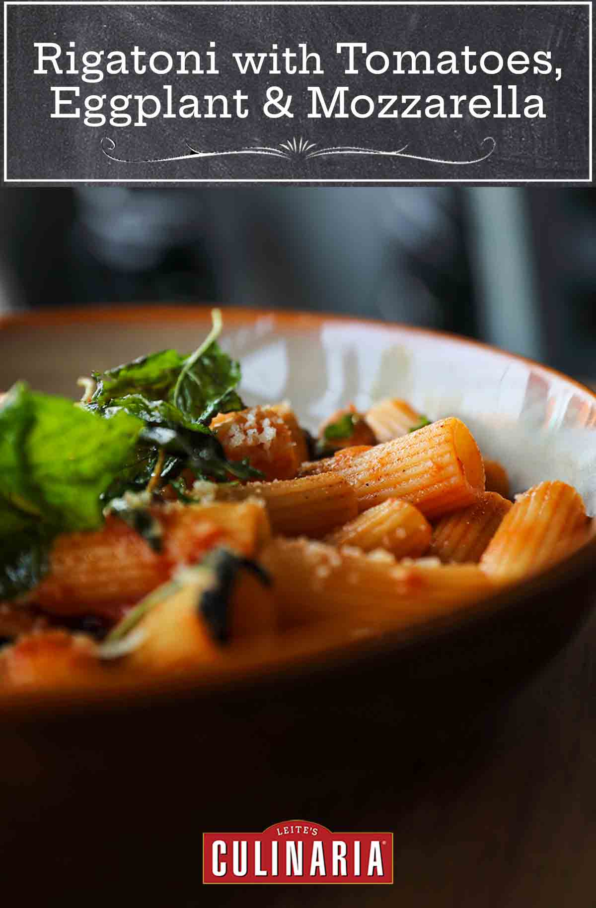 Closeup of a bowl with rigatoni with tomato sauce, Parmesan, and torn basil.