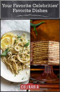 A grid of 2 pictures-lemon basil pasta and chocolate torte.