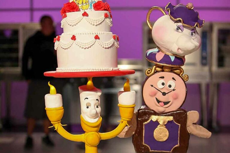Characters from Beauty and the Beast made into a cake for a baking competition show