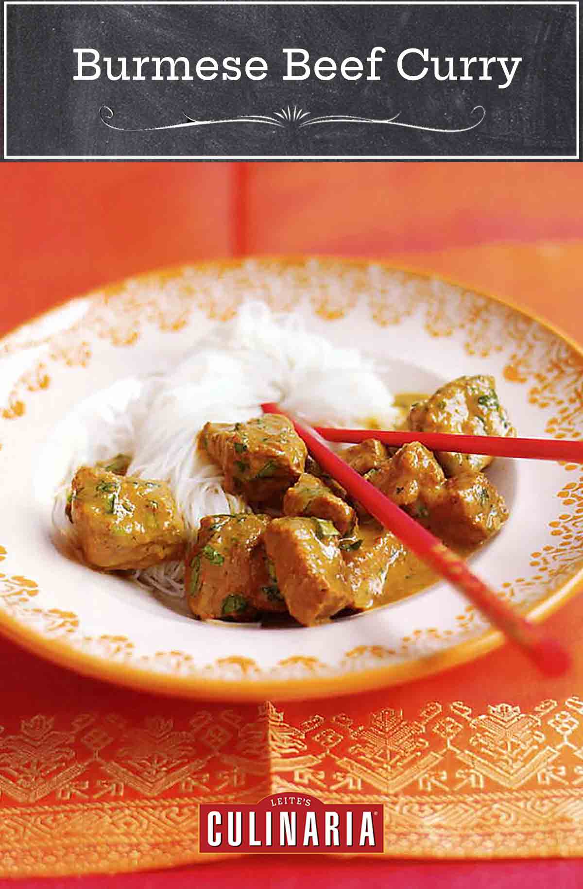 An orange tablecloth with a white and gold pattern filled with rice vermicelli, Burmese beef curry and red chopsticks.