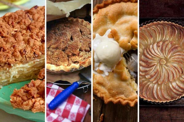 A grid of 4 apple pies--sour cream apple pie, Northern Spy apple pie, classic apple pie, and an apple tart.