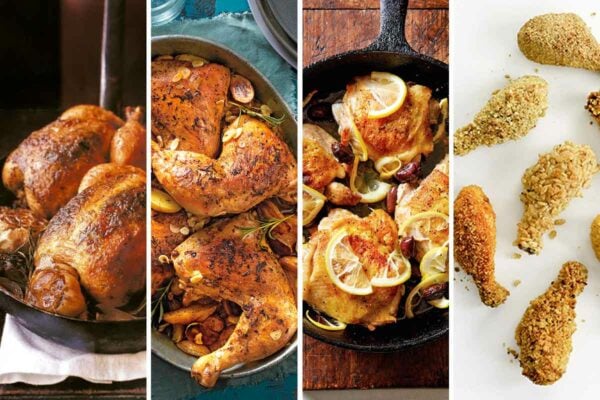 A grid of four chicken recipes including skillet roast chicken, slow cooker chicken with garlic and potatoes, roast chicken thighs with lemon, and oven fried drumsticks.