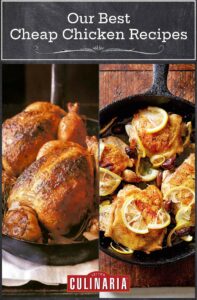 A grid of four chicken recipes including skillet roast chicken and roast chicken thighs with lemon.