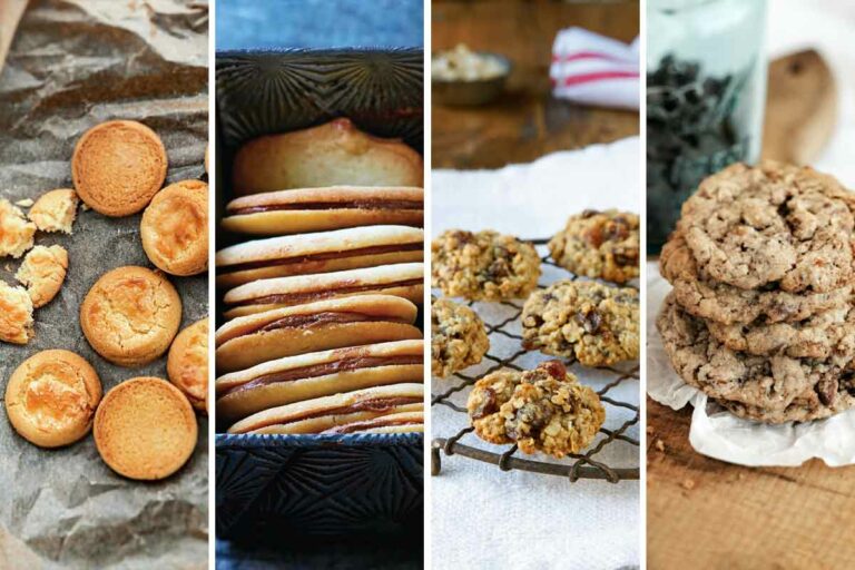 A grid of cookies with 4 photographs, including French butter cookies, handmade Milanos, oatmeal raisin cookies, and Neiman Marcus Cookies.