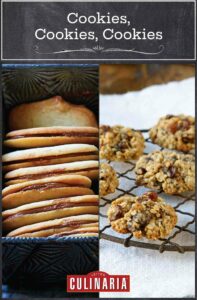 A grid of cookies with 2 photographs, one of handmade Milanos and oatmeal raisin cookies.