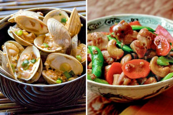 A grid of 2 Grace young recipes-- a bowl of stir-fried clams and a bowl of cashew chicken.