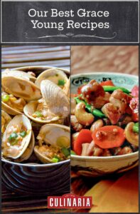 A grid of 2 Grace young recipes-- a bowl of stir-fried clams and a bowl of cashew chicken.