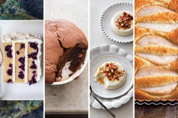 A grid of 4 photos for dessert day for National Dessert Day, including blueberry lemon layer cake, chocolate soufflé, coconut pan cotta, and pear almond tart.