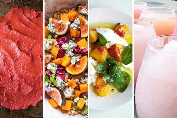 Images of 4 of the 10 Most Popular Recipes of 2021 -- Homemade Tomato Paste, Harvest Bowl, Peach, Burrata and Basil Salad, and Frose.