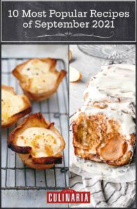 A grid featuring the most popular recipes of September 2021 including croque monsieur muffins and pull-apart apple bread.