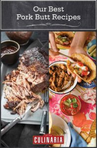 A grid of 2 of our best pork butt recipes, including A grid of 4 of our best pork butt recipes, including roast pork butt and pork tacos.