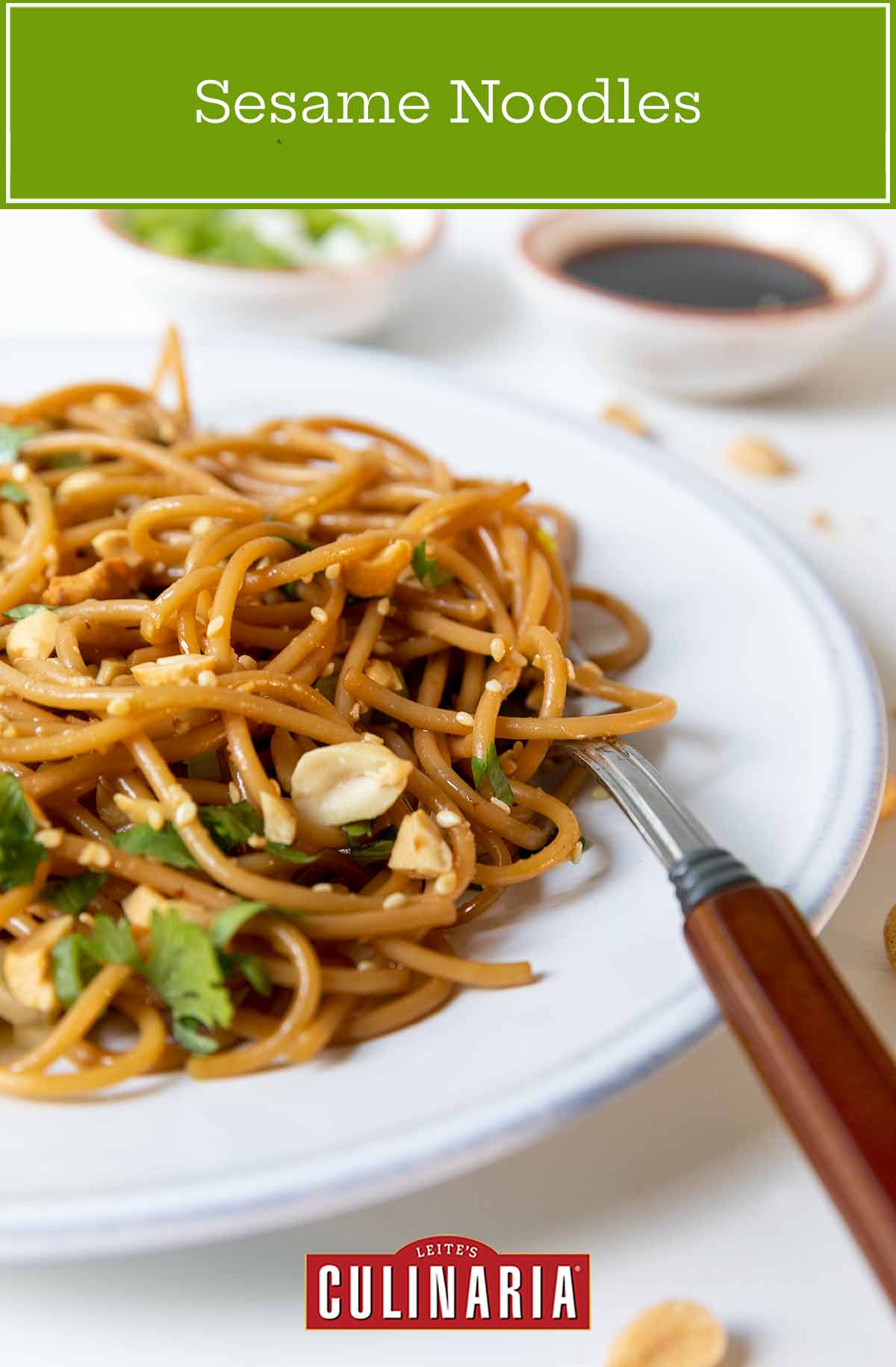 A white plate with sesame noodles, garnished with cilantro, peanuts, and sesame seeds, with a fork and a bowl of green onions and soy.