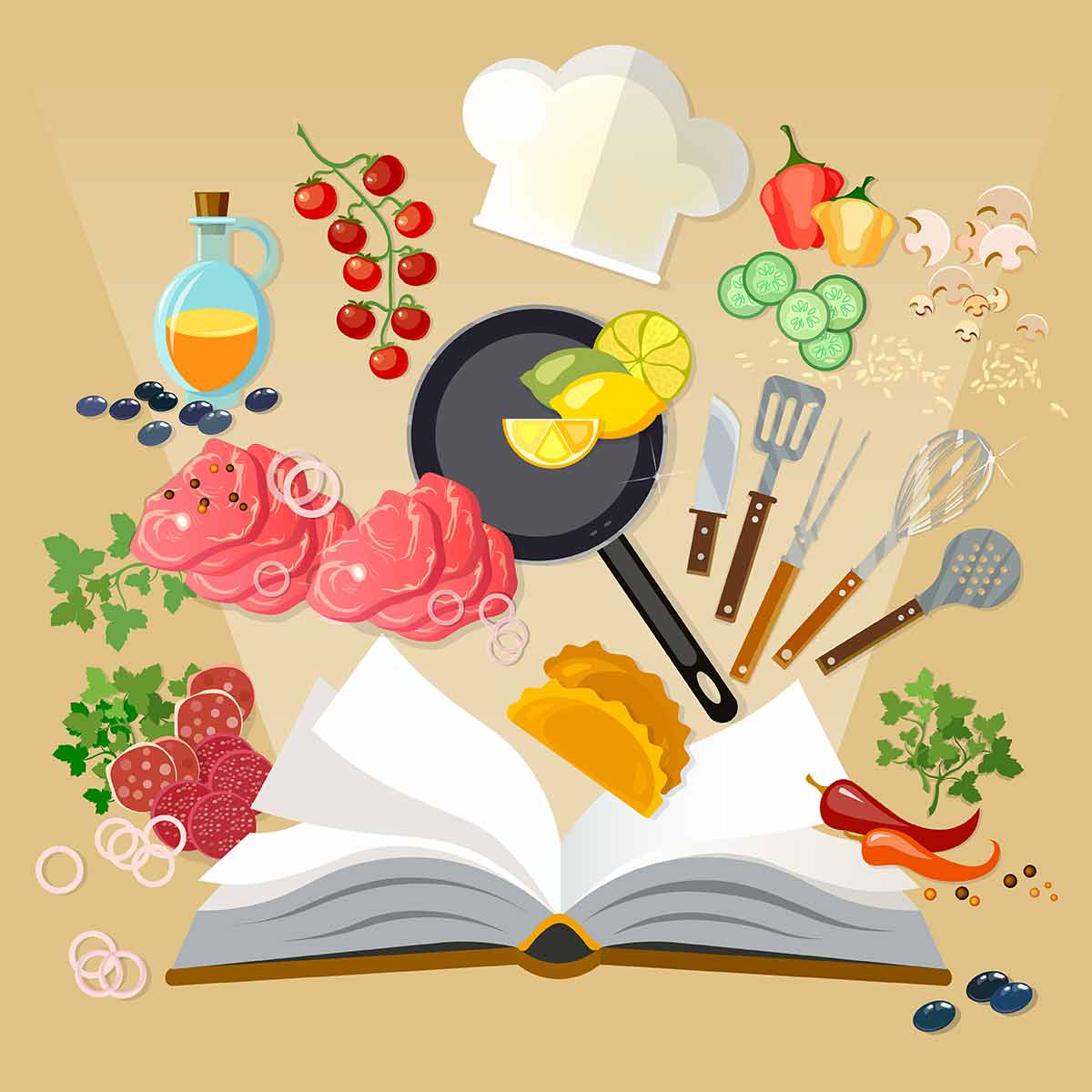An illustration of ingredients and cooking utensils above a cookbook.