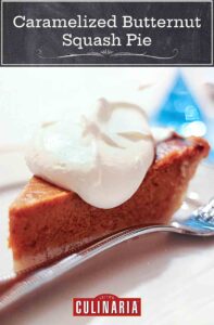 A slice of caramelized butternut squash pie with a dollop of whipped cream on a plate with a fork.