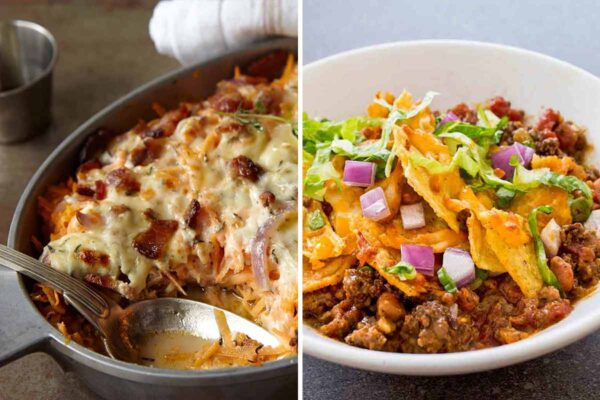 Two images--a chicken, sweet potato, and bacon casserole and a spicy beef taco bake