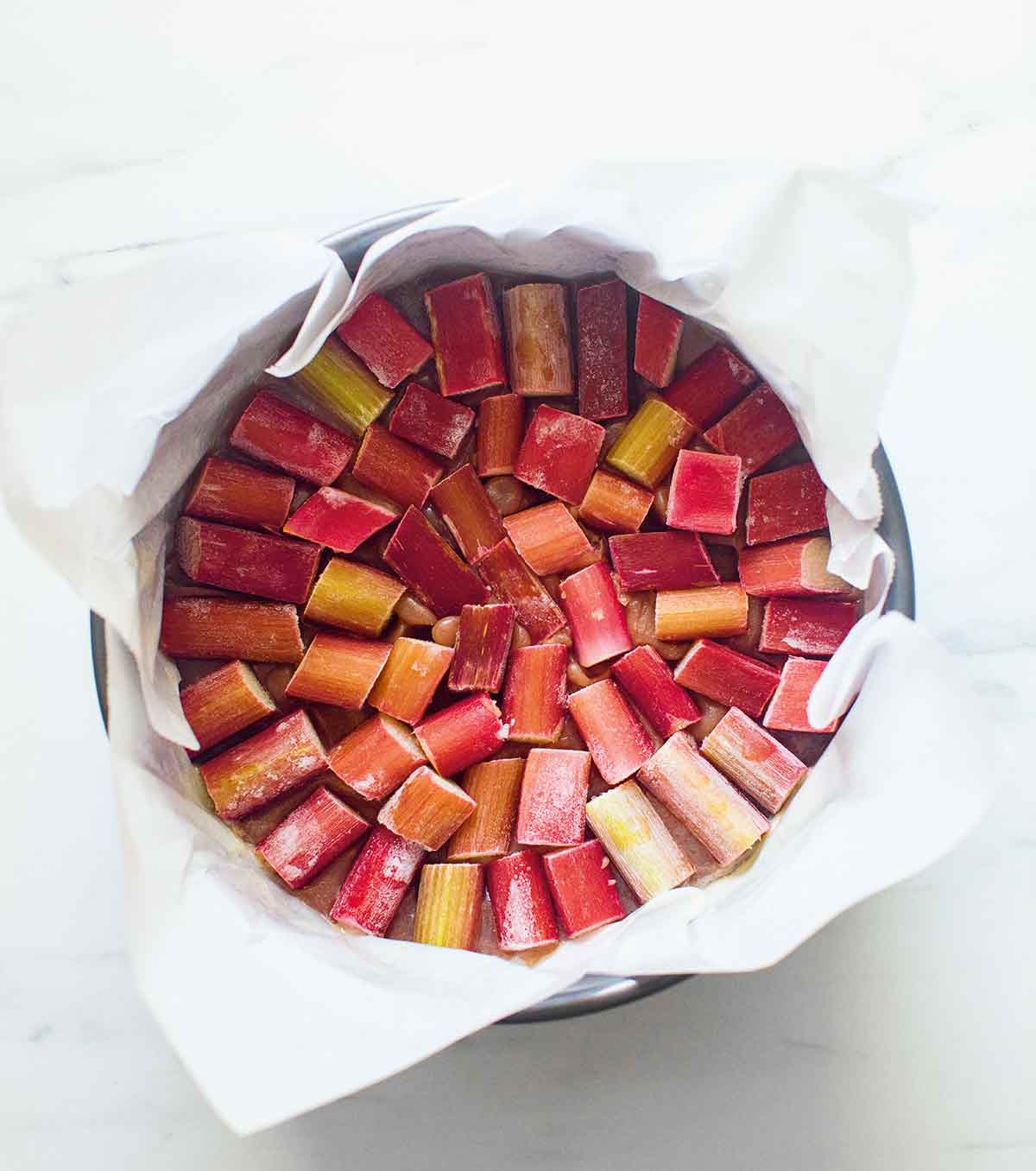 Rhubarb upside-down cake top layer in a Springform pan lined with parchment paper.