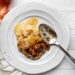 A plate of French onion potato gratin.