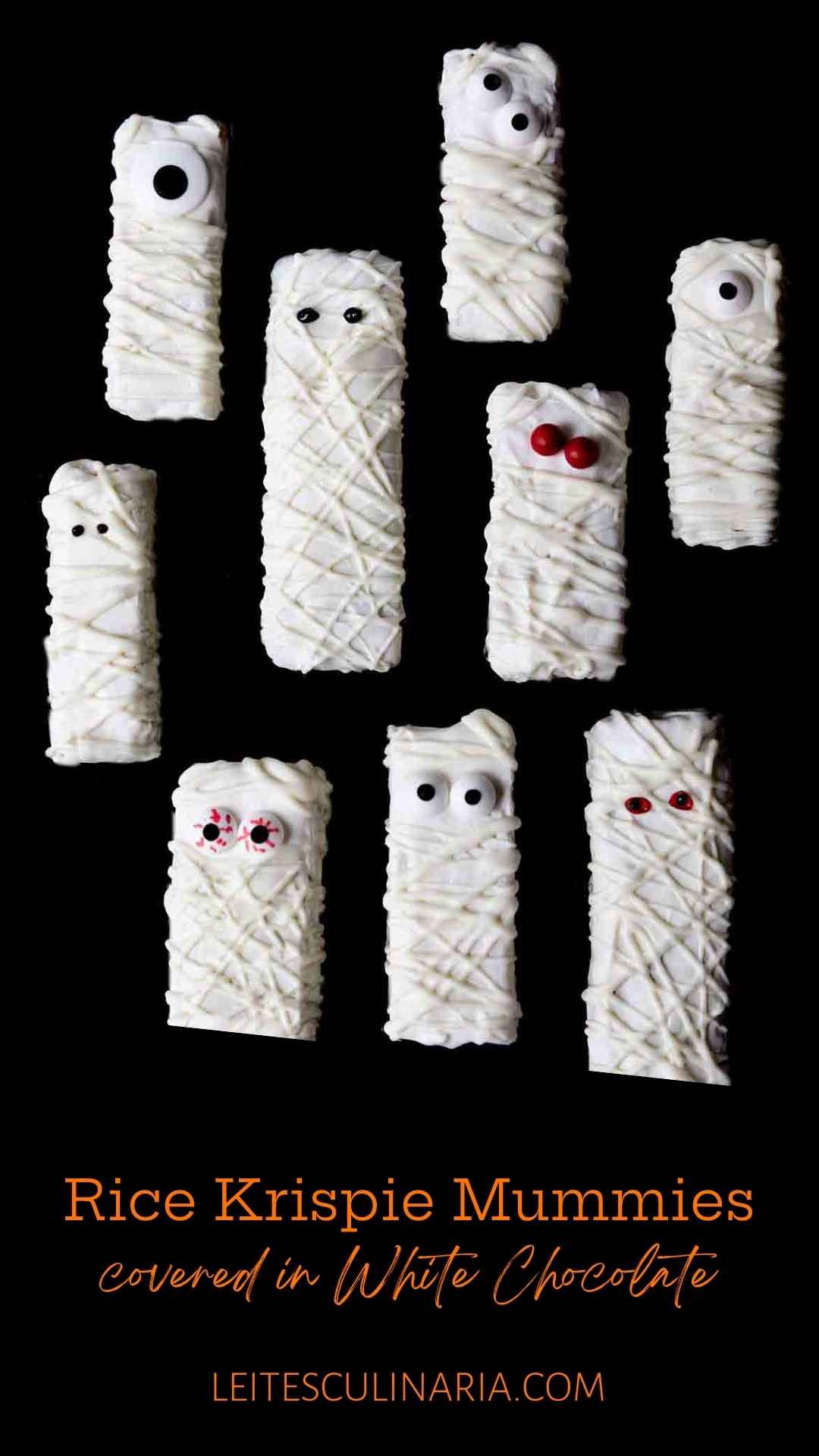 Nine Halloween mummy Rice Krispies treats with googly candy eyes on a black background.