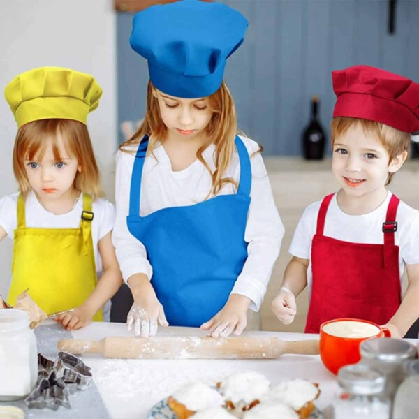 Kids Apron and Chef’s Hat Set with kids rolling out dough.