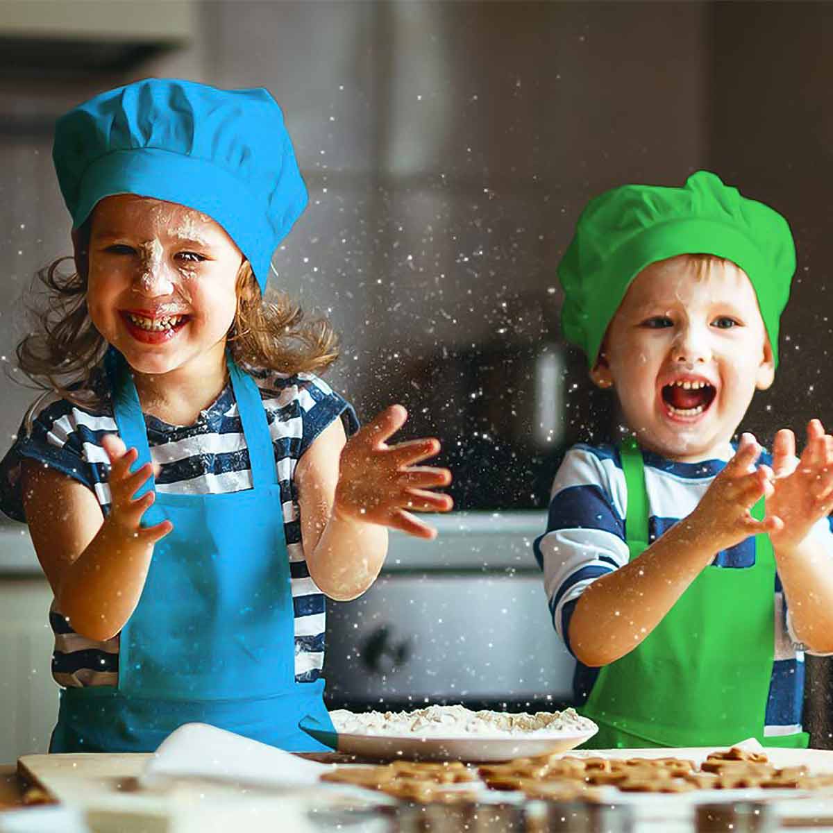 Kids Apron and Chef’s Hat Set with smiling kids baking cookies.