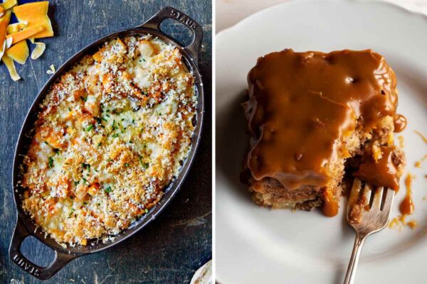Autumn harvest favorite recipes roundup grin including pics of butternut squash gratin and Edna Lewis' apple cake with caramel glaze.