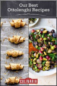 Our Best Ottolenghi Recipes grid with walnut rugelach and sweet and sour Brussels sprouts with chestnuts.