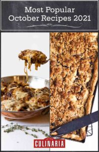 Most popular October recipes 2021 images in a grid, including French onion skillet chicken and caramel apple slab pie.