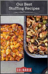 Images of two stuffing recipes - cornbread dressing and wild mushroom stuffing.