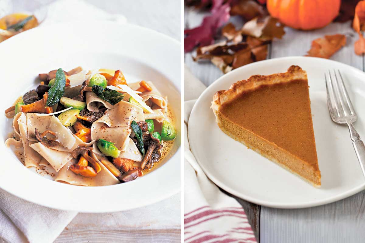 Our best vegetarian Thanksgiving recipes roundup with a grid featuring chestnut pasta with wild mushrooms and Brussels sprouts and drunken pumpkin bourbon tart.