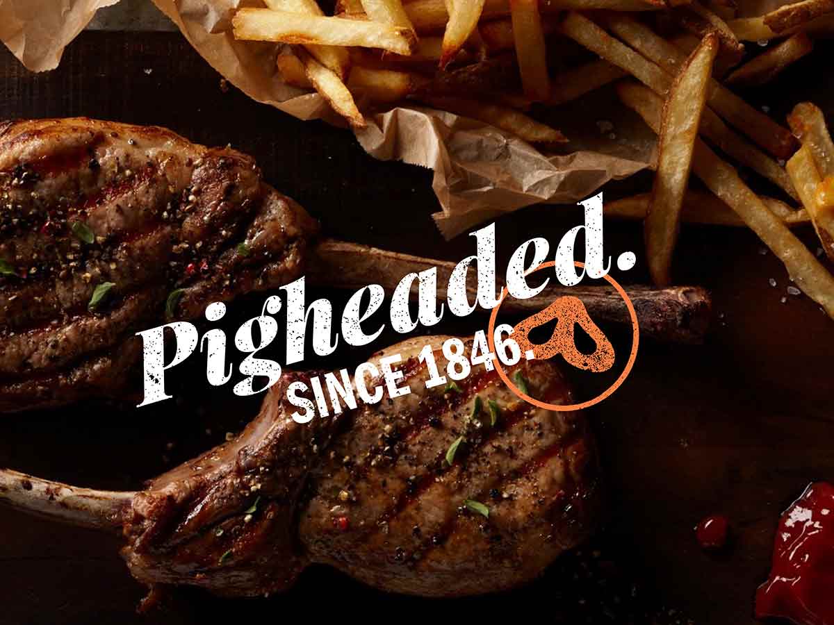 Beeler's pork chops and fries with the headline "pigheaded since 1846."
