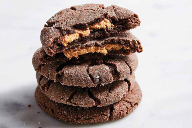 Chocolate peanut butter cookies in a stack, the top one broken in half, on a white background.