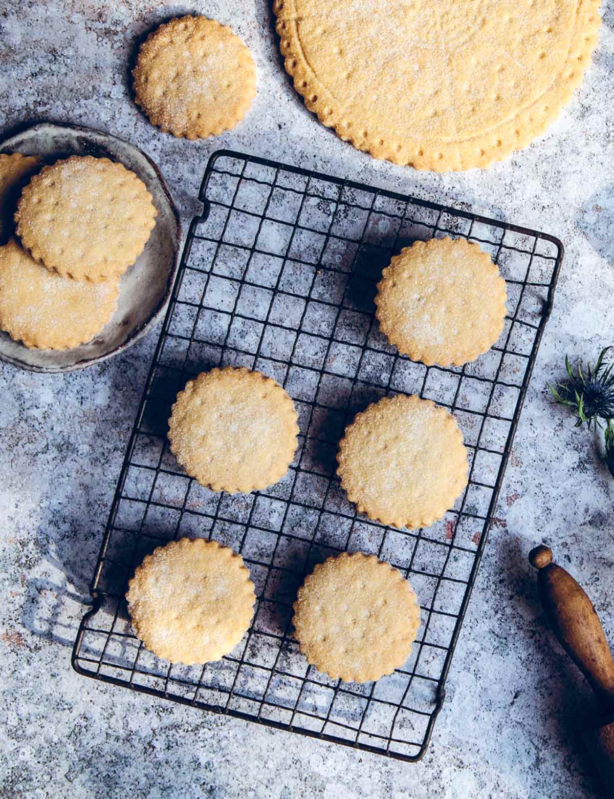 Easy shortbread cookies cooling on a wire rack, beside a rolling pin and a large shortbread petticoat.