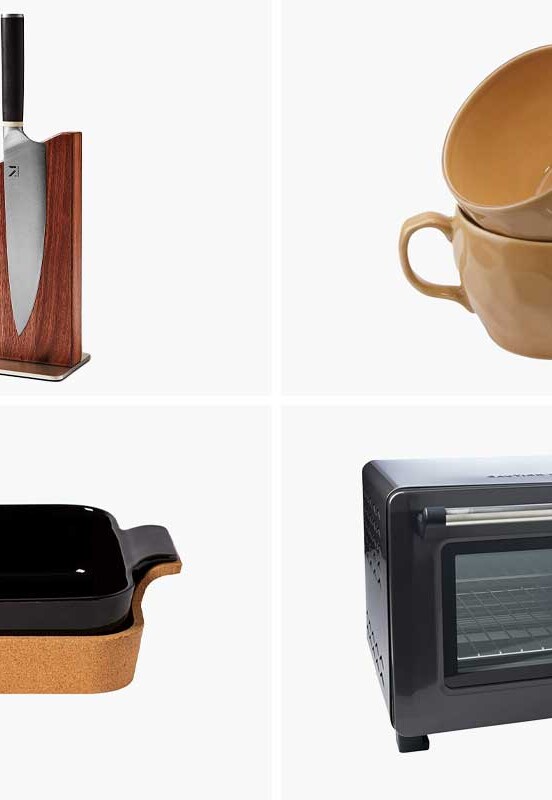 Images of knives, coffee cups, a rectangular baker, and a smart oven, all part of Oprah's 12 favorite kitchen gifts for 2021.
