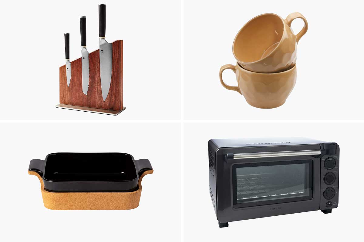 Images of knives, coffee cups, a rectangular baker, and a smart oven, all part of Oprah's 12 favorite kitchen gifts for 2021.