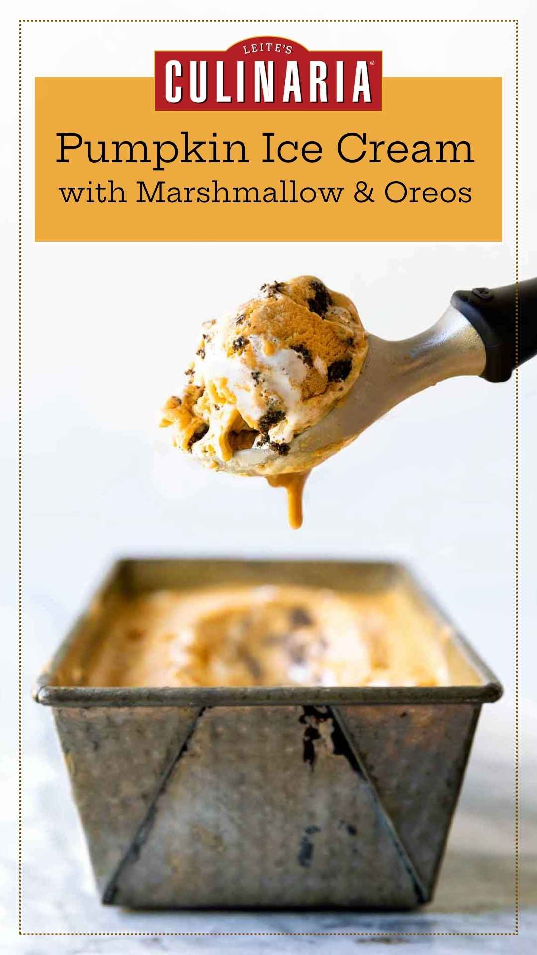 A container of Pumpkin Meringue Pie Ice Cream with a scoop.