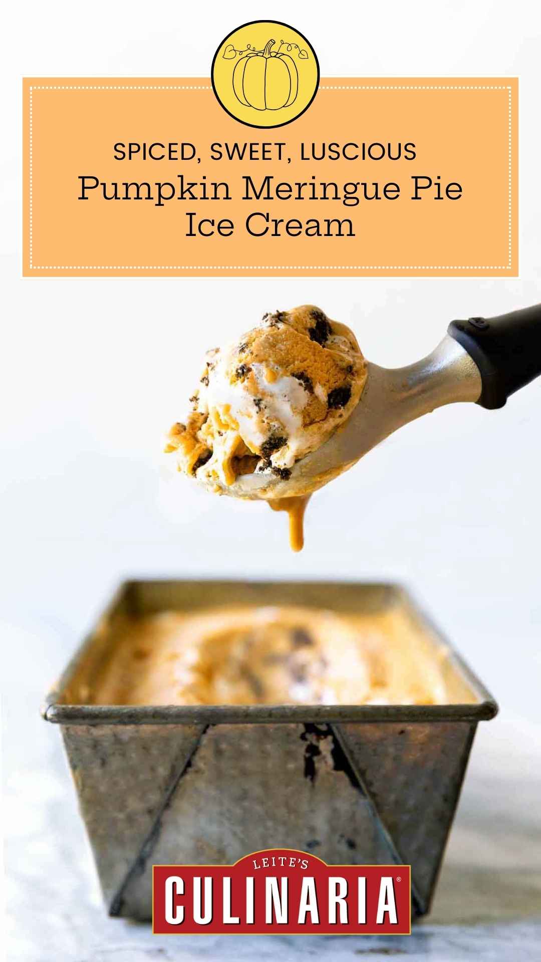 A container of Pumpkin Meringue Pie Ice Cream with a scoop.