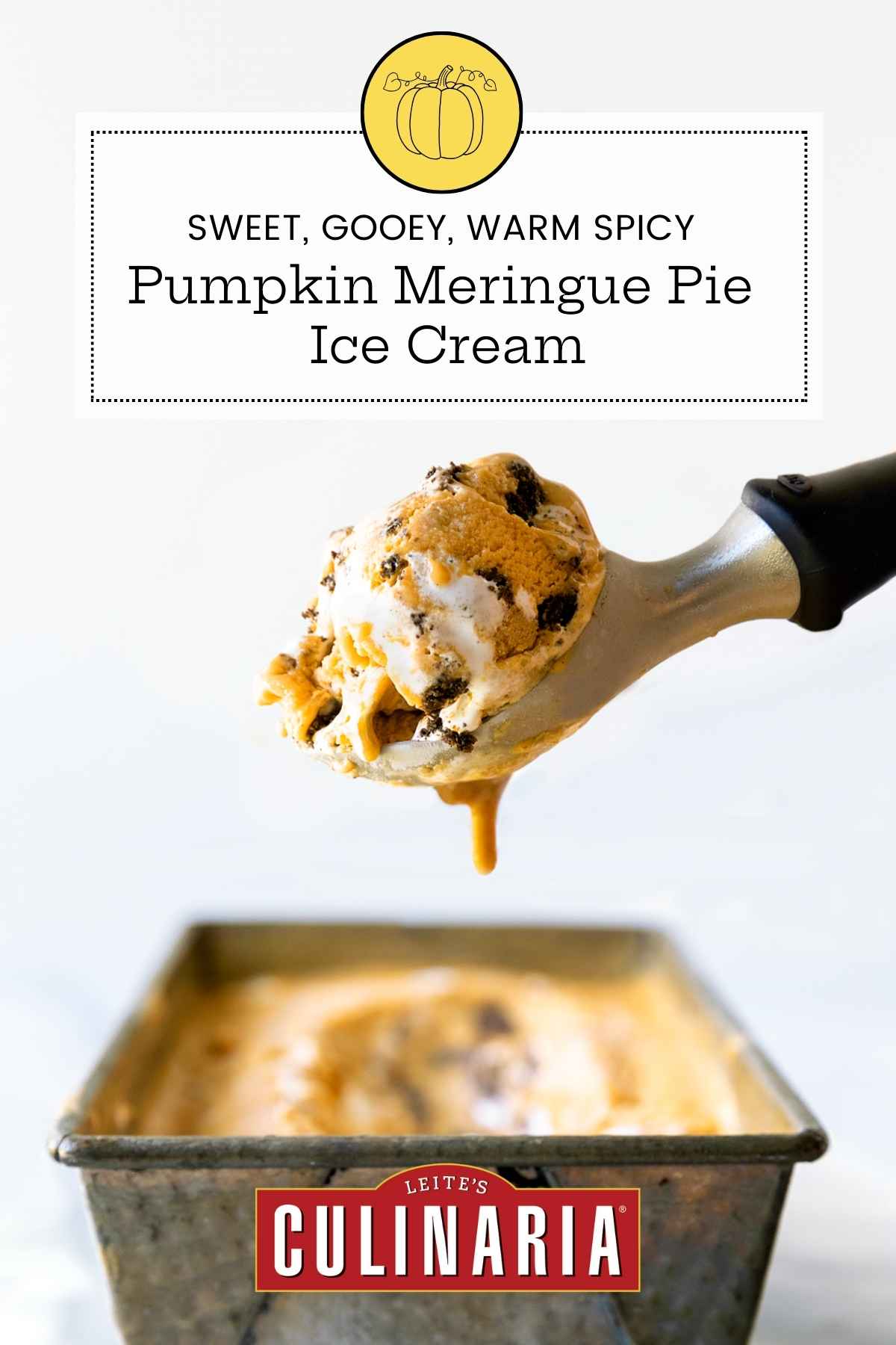 A container of Pumpkin Meringue Pie Ice Cream with a scoop.