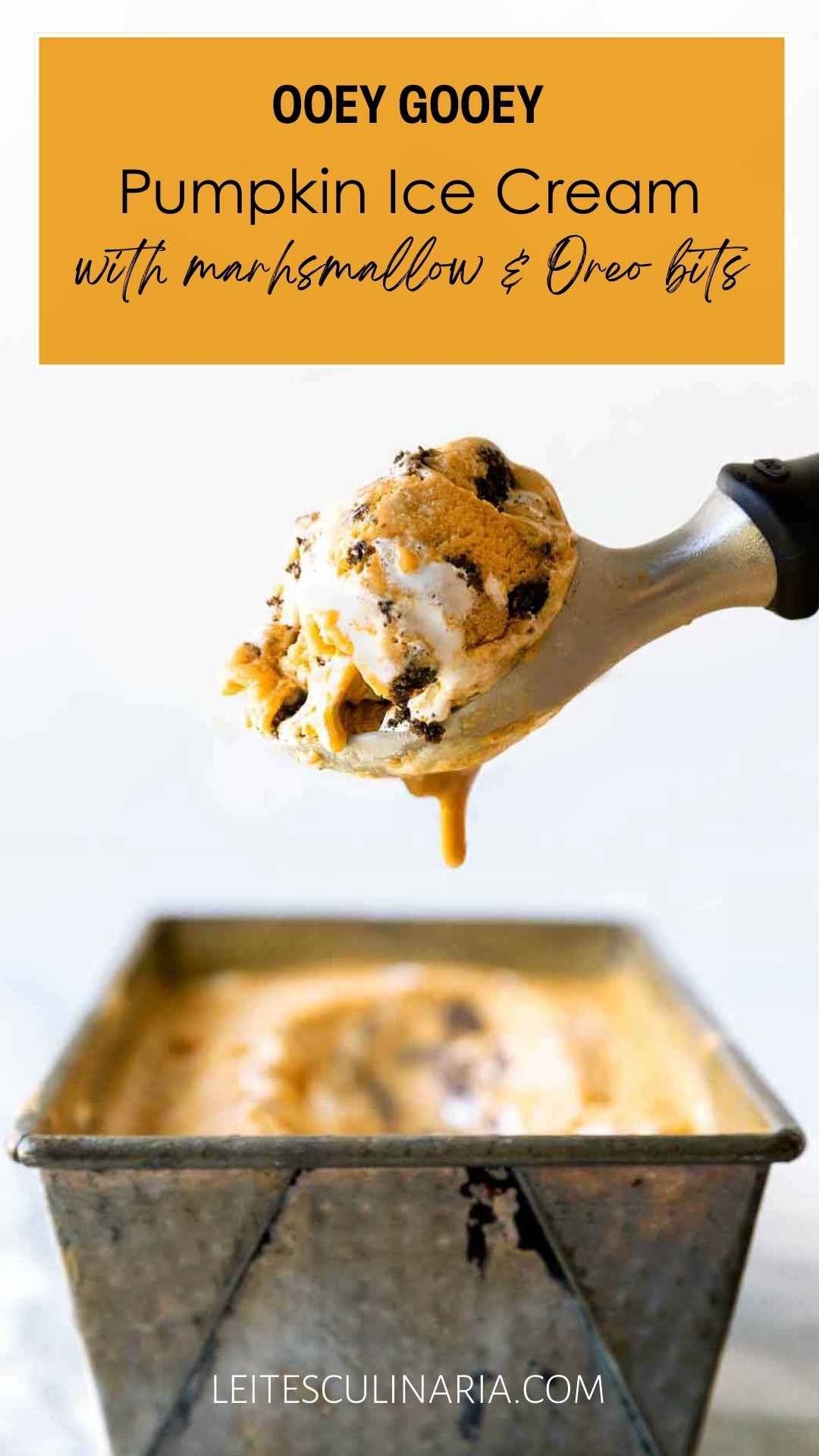 A container of Pumpkin Meringue Pie Ice Cream with a scoop.