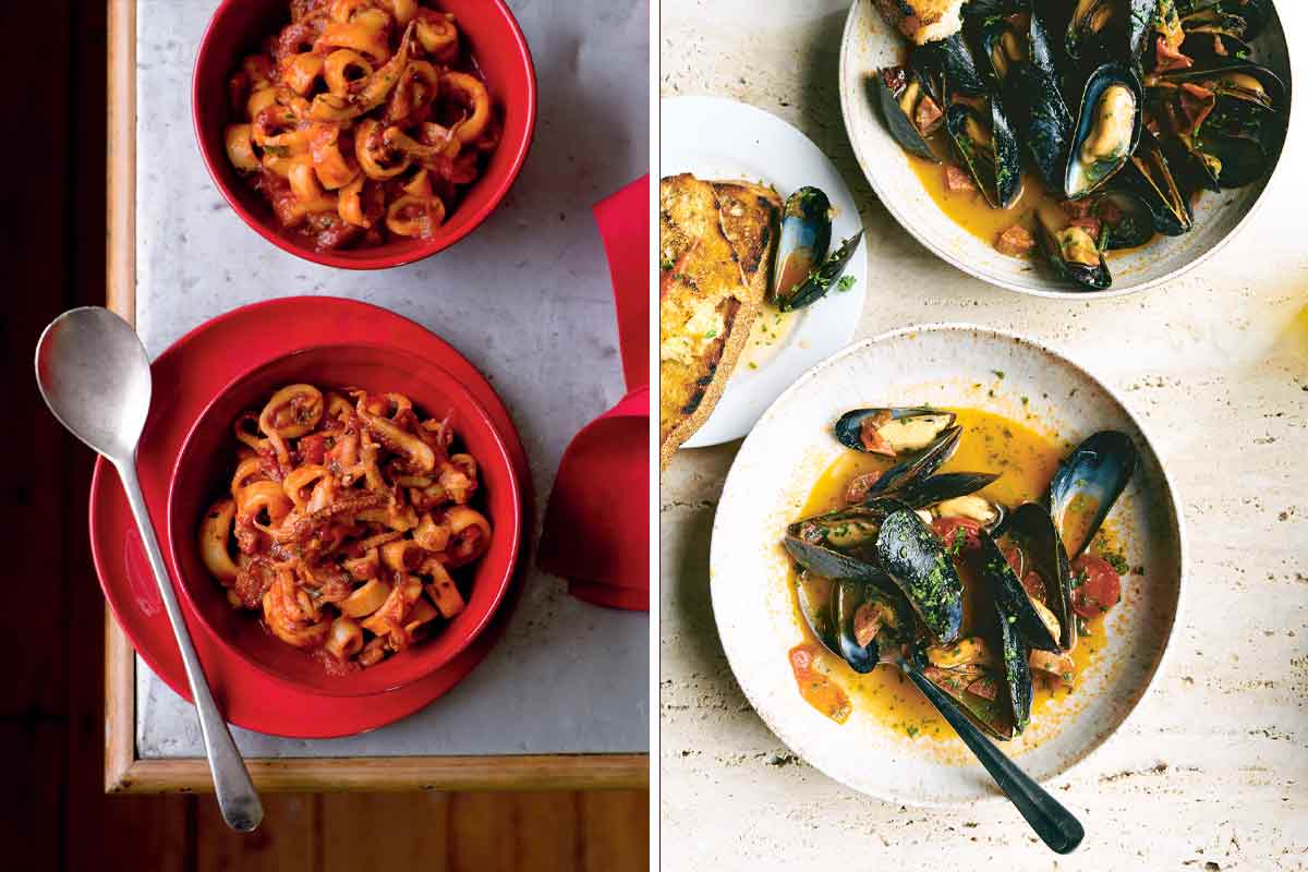 Our Best Feast of the Seven Fishes recipes including Christmas Eve calamari and steamed mussels with chorizo and tomatoes.