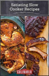 Satiating slow cooker roundup grid featuring and image of slow-cooker chicken with garlic and potatoes and slow-cooker ribs.