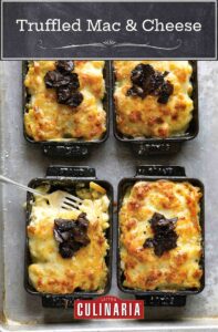 Truffled mac and cheese in four mini-casserole pans, one with a fork and a few mouthfuls missing.