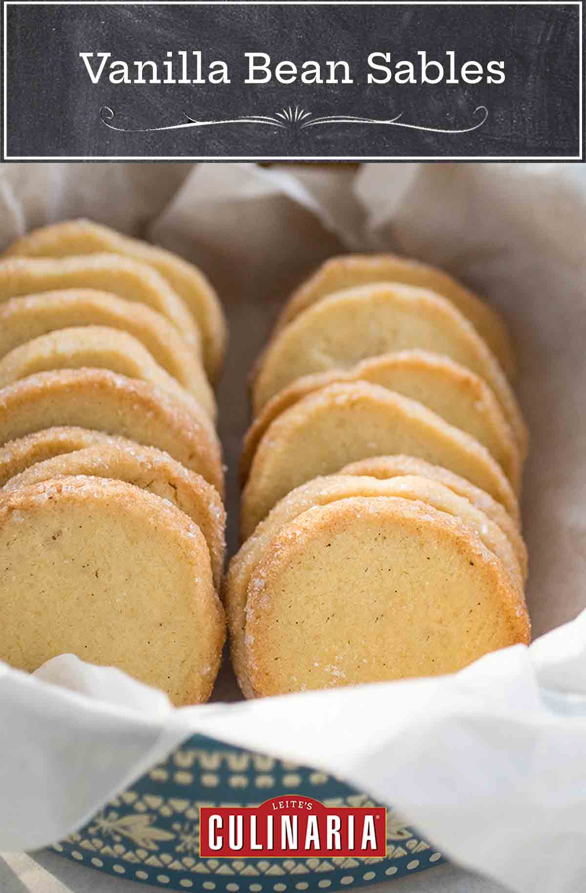 Vanilla bean sables in a lined basket