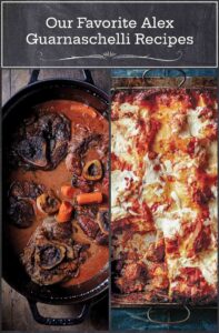 Two dishes: veal osso bucco in a black pot and a rectangular pan of meatball lasagne