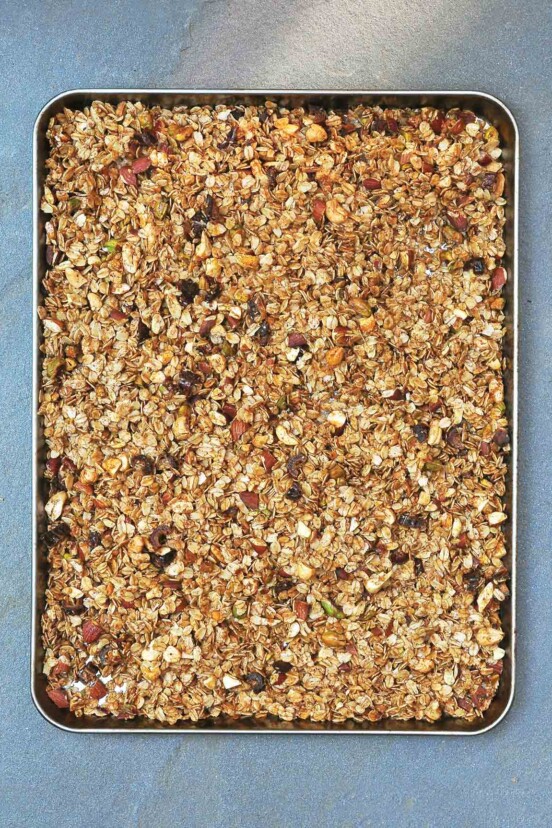 A baking pan filled with baklava granola