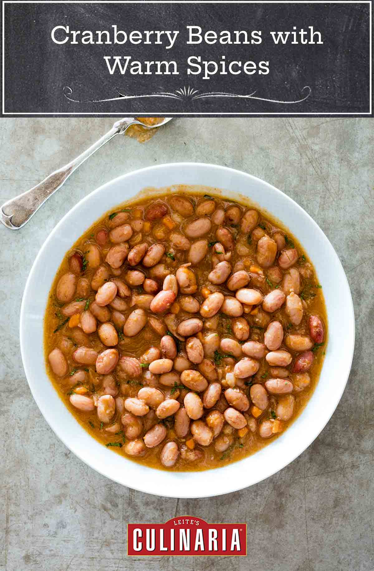 A white bowl filled with cranberry beans with warm spices; a spoon along side
