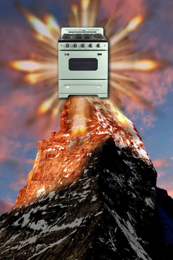 A mountain with an oven on its peak and a starburst behind