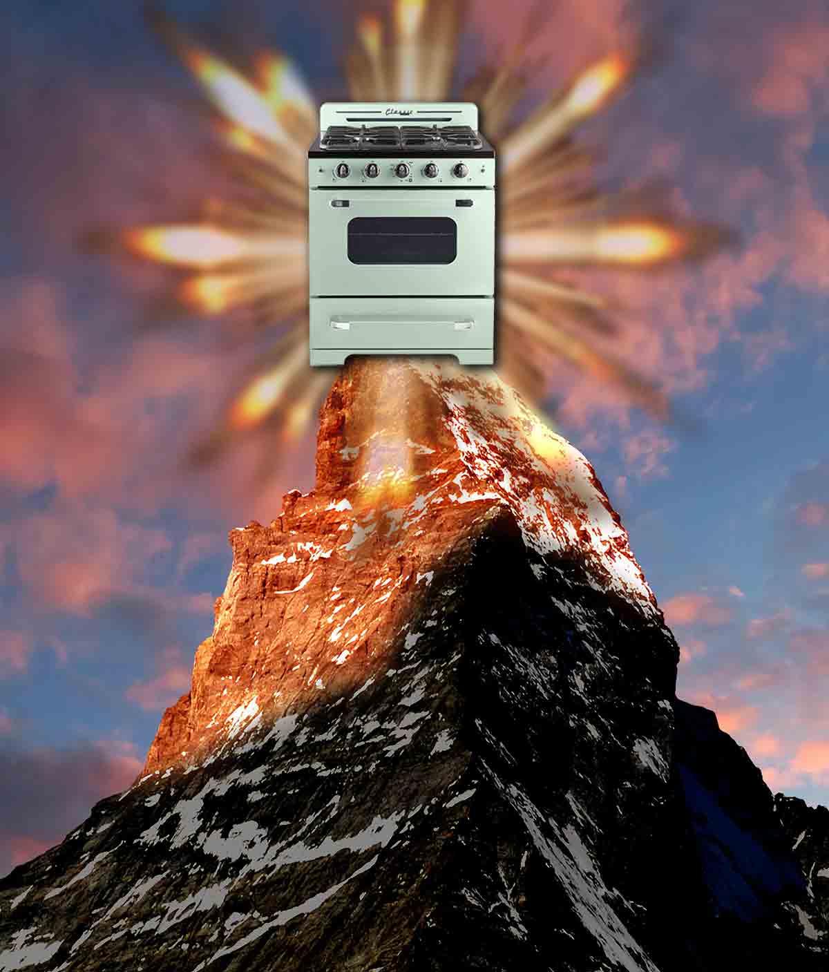A mountain with an oven on its peak and a starburst behind