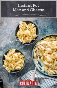 Three blue bowls of Instant Pot mac and cheese