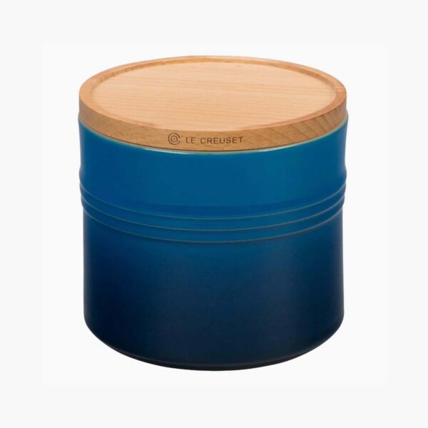 Le Creuset 1.5-Quart Stoneware Canister with Wood Lid blue.