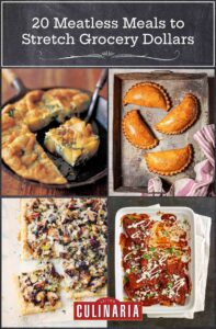 Four images: broccolini and potato frittata, cheese enchiladas, leek tart, and hand pies